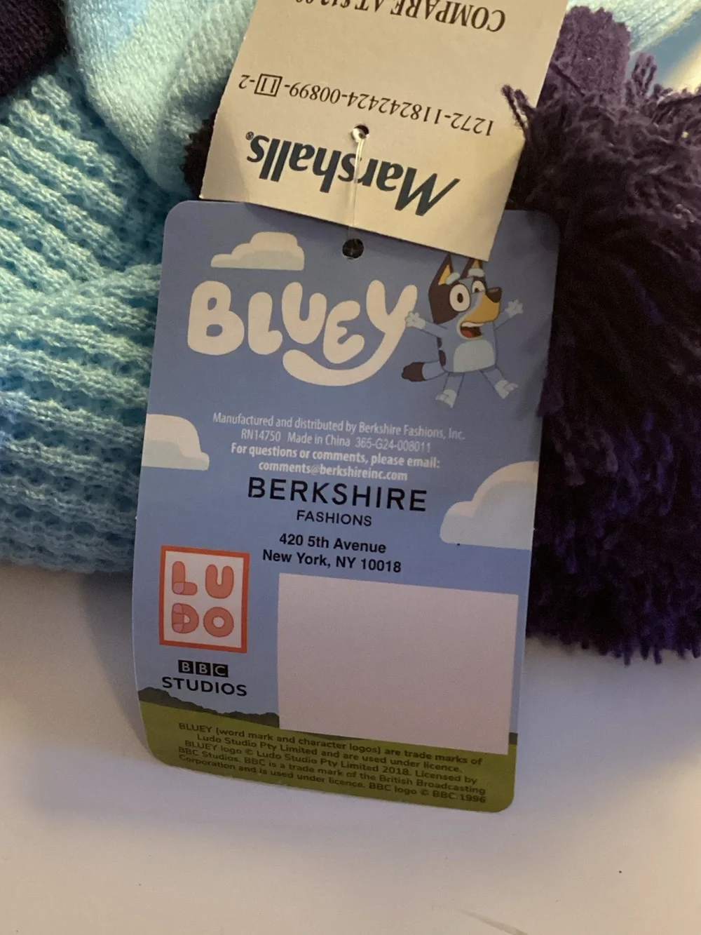 Berkshire Light Blue and Navy Kids Knit Beanie with Pom and Cartoon Patch